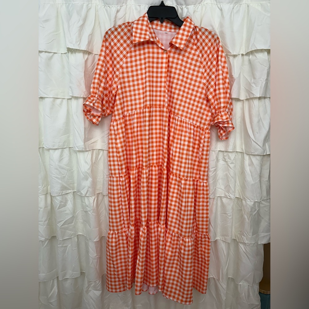 Orange Gingham Checkered Dress
